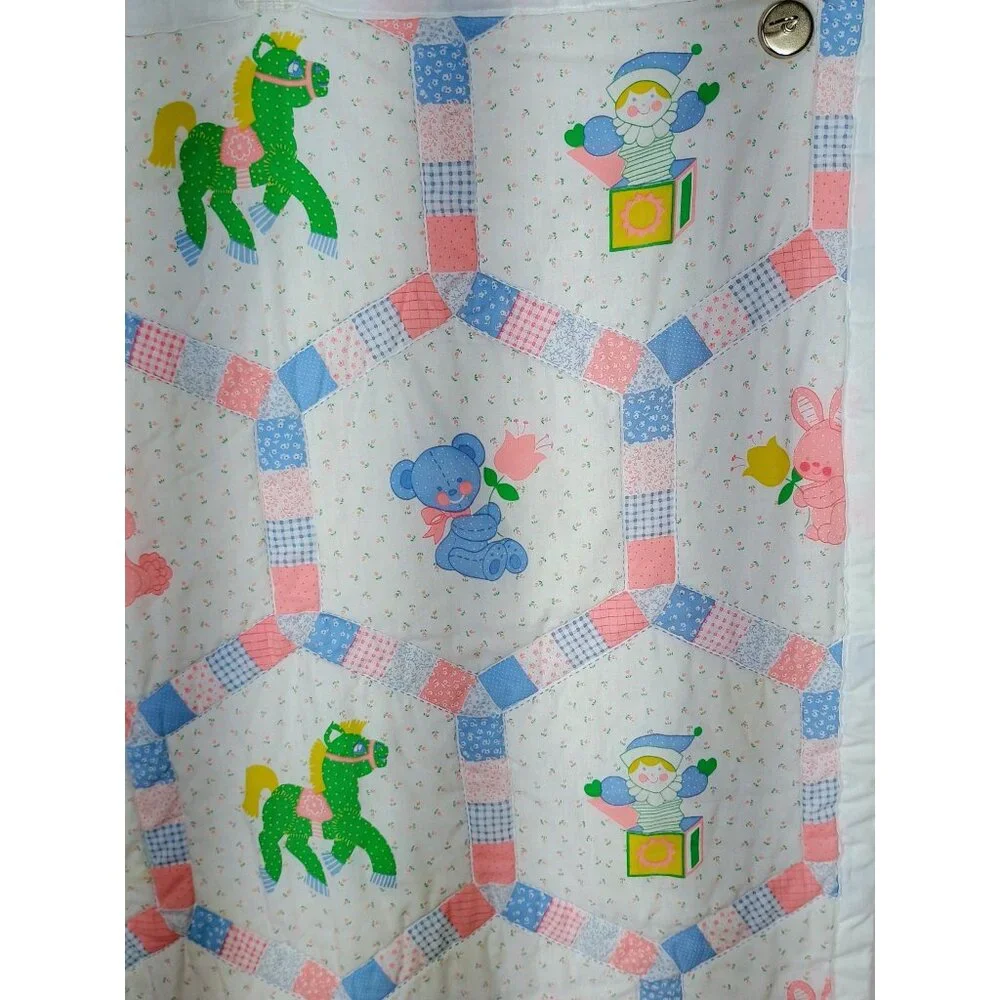 Vintage Baby Quilt Green Yellow Horse Pink Bunny Blue Polka dot Bear Tulips Flow
